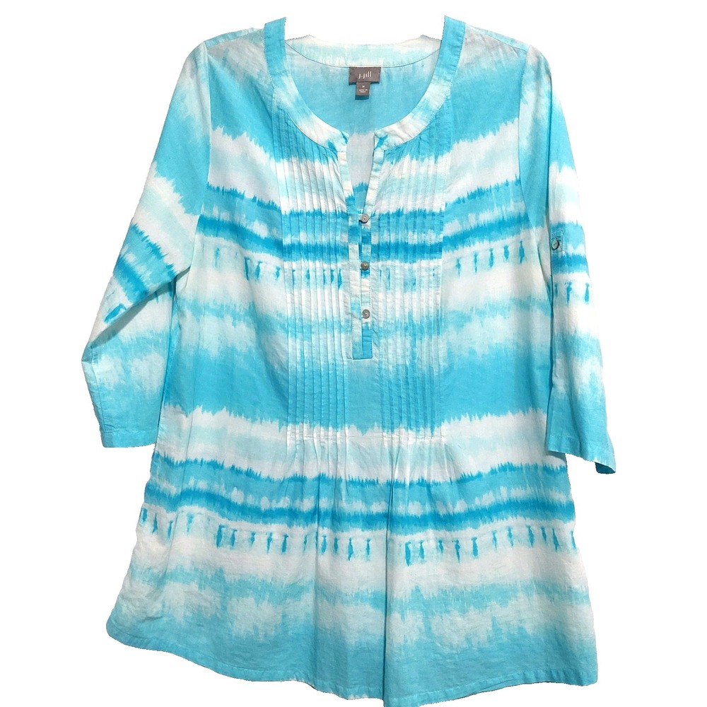 J Jill Womens Medium Blouse Front Pin Tucks Tie Dye Roll Tab Sleeves 3 Buttons